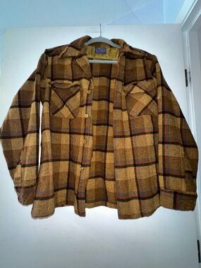 Vintage Pendleton Board Shirt Mens Large Brown Plaid Loop Collar Flap Pocket